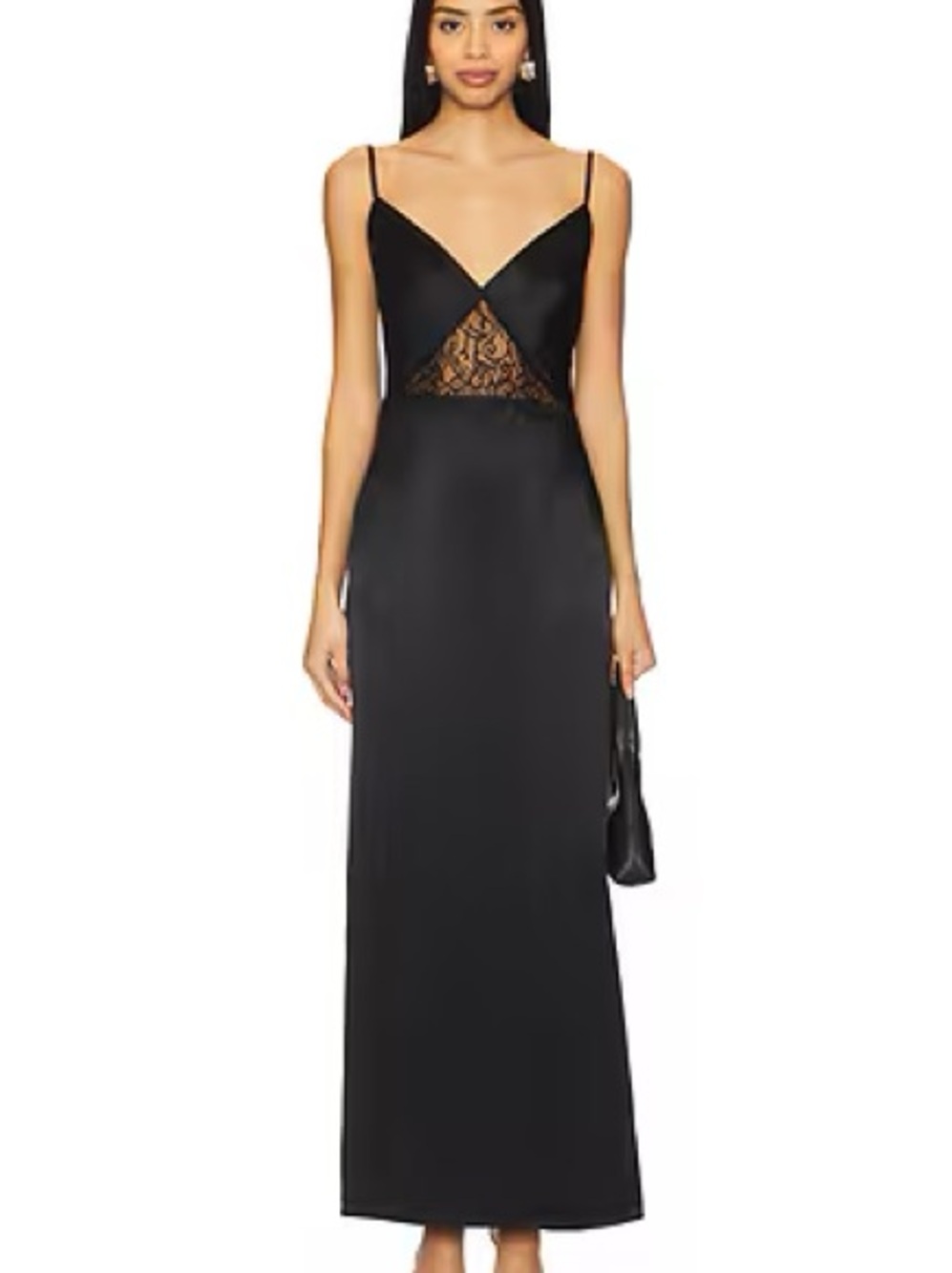 SNDYS. Halliwel satin lace v neck maxi slip low back dress in black - S nwt